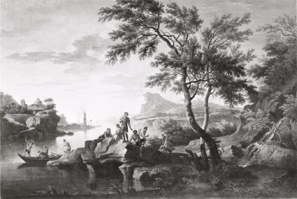 Paesaggio fluviale con pescatori